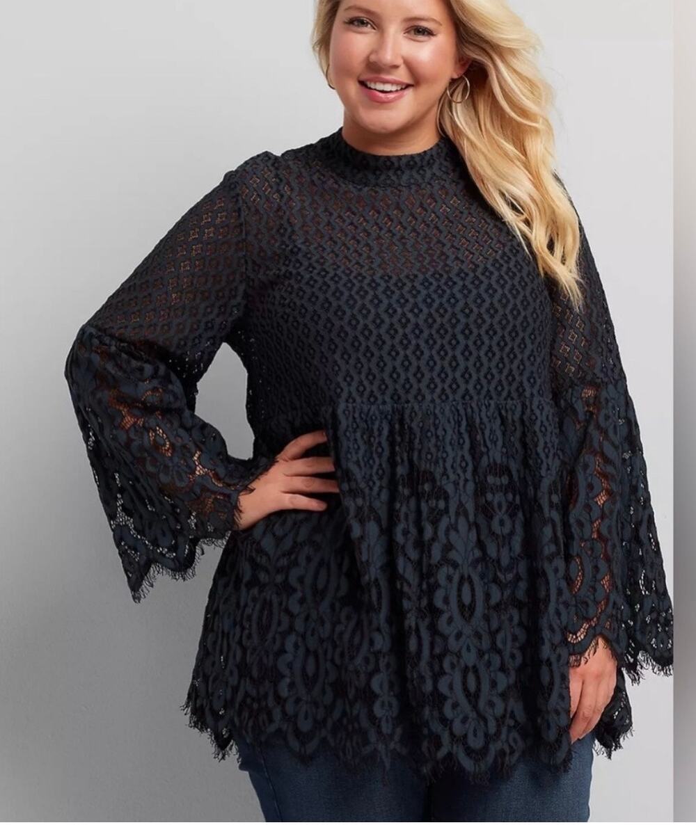 Lane Bryant Eyelet Detail Lace Boho Tunic Top Black Size 26 NWT